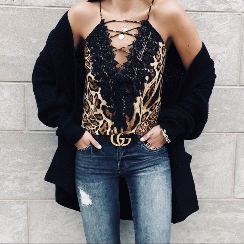 Wayf Posie Leopard Print Lace Trim Camisole